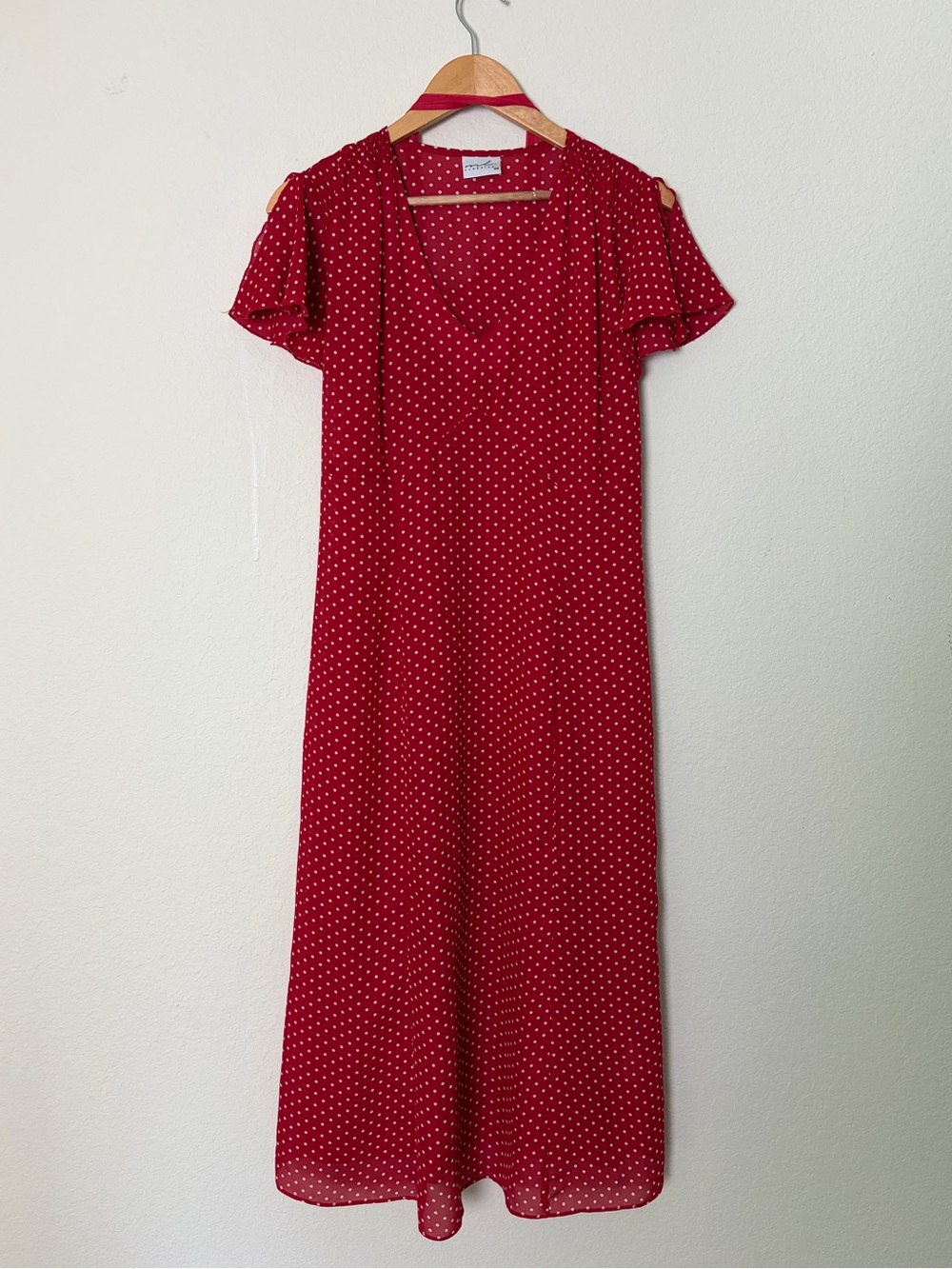 Vintage Red Polkadot Midi Vneck Flutter Sleeve Parisian Classic Chic Dress
